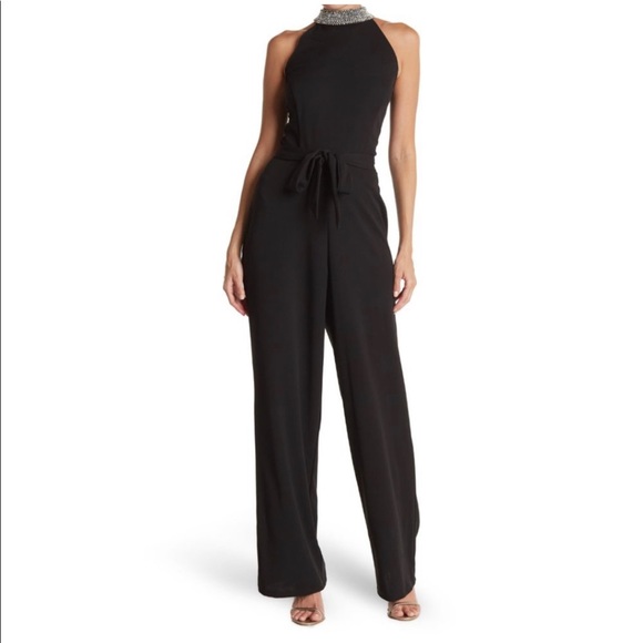 MARINA DRESSES navy blue jumpsuit embellished rhinestones halter belt - Picture 4 of 10